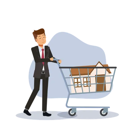 House For Sale Purchase Real Estate Buy House Concept Man Buying House In Shopping Cart Flat Vector Cartoon Character Illustration Illustration