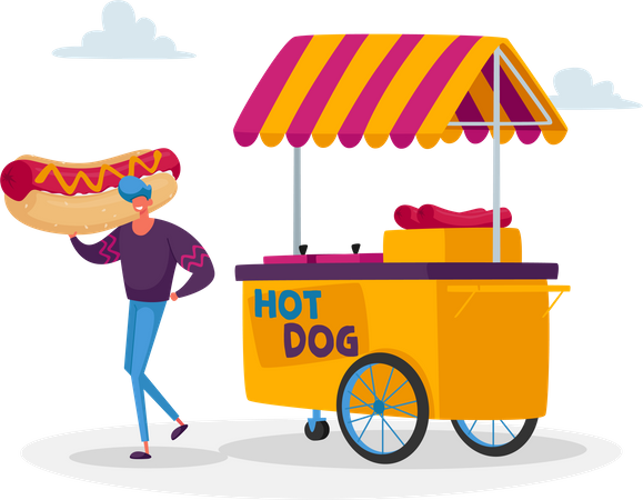 Man buying hotdog from street stall  Illustration
