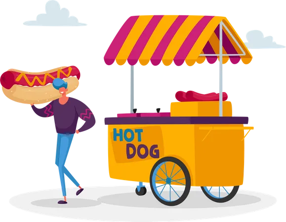 Man buying hotdog from street stall Illustration