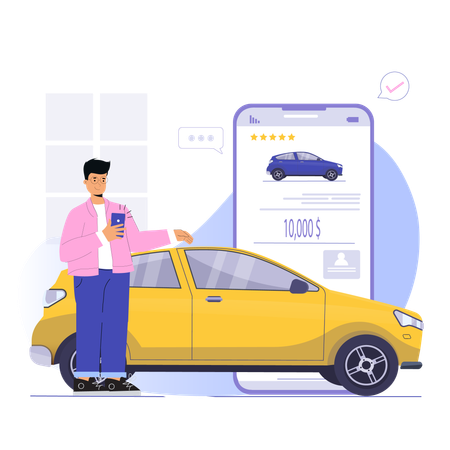 Man buying new car while giving car review  Illustration