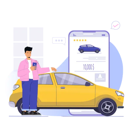 Man buying new car while giving car review  Illustration