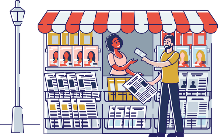 Man buying newspaper from newsstand Illustration