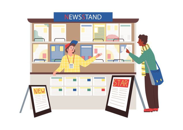 Man buying newspaper in newsstand  Illustration