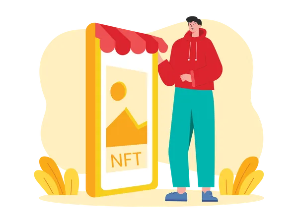 Man buying NFT from mobile exchange  Illustration