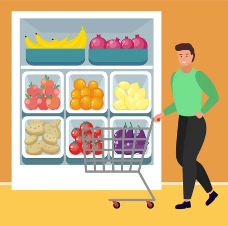 Male Character With Shopping Trolley Choosing Organic Products At Store Vegetables And Fruits At Boxes Bananas And Oranges Tomato In Refrigerator Man At Supermarket With Cart Vector In Flat Illustration