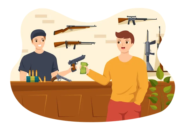 Man buying pistol from gun shop  Illustration