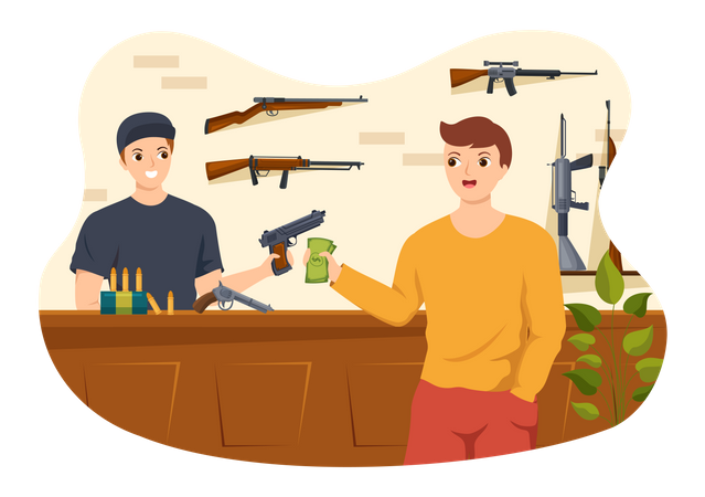 Man buying pistol from gun shop  Illustration