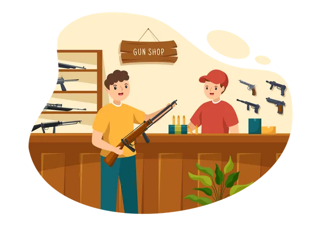 Man buying rifle from gun shop Illustration