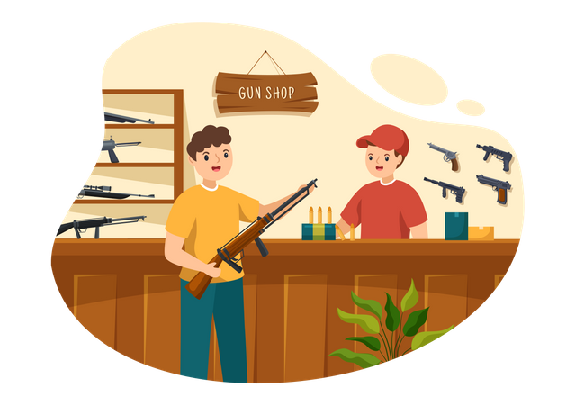 Man buying rifle from gun shop  Illustration