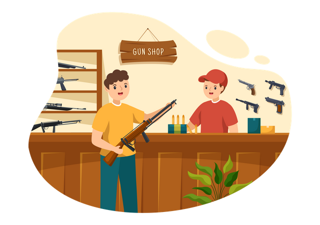 Man buying rifle from gun shop  Illustration