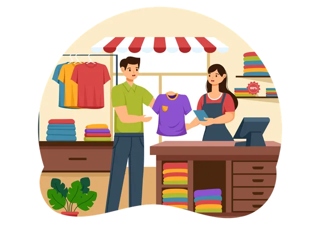 T Shirt Store Vector Illustration With Shopping For Clothes Or T Shirt For Fashion Styles Women Or Men In Flat Cartoon Background Design Illustration