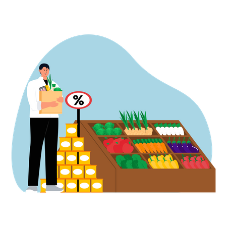 Man buying veggies on discount  Illustration