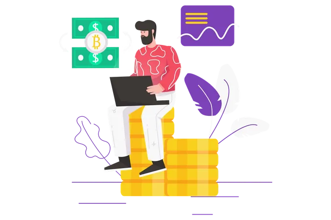 Man buys and sells bitcoins using laptop  Illustration