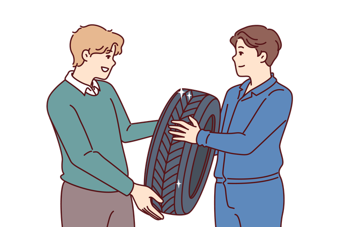 Man buys new tire for car wheel and give it to mechanic  Illustration