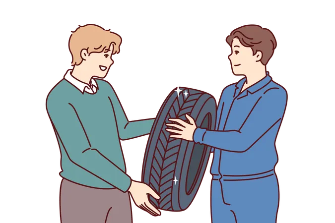 Man buys new tire for car wheel and give it to mechanic  イラスト
