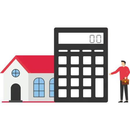 Mortgage And Home Buying Concept Businessman With Huge Calculator At House Calculate Bank Loan For Purchasing Real Estate Cartoon Vector Illustration Illustration