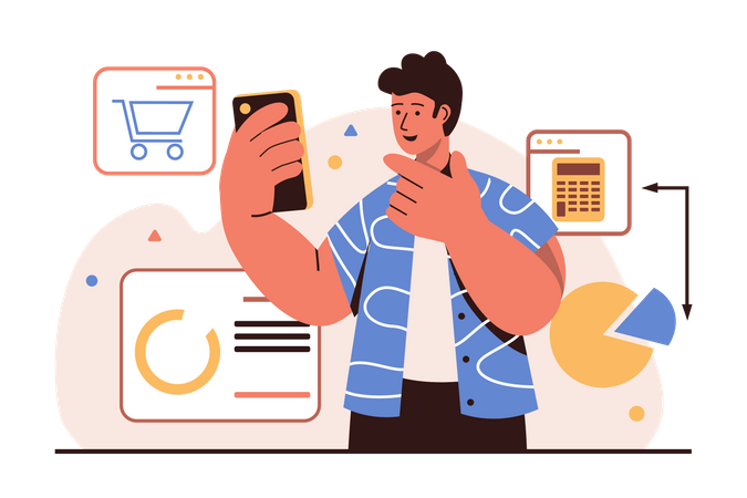 Man calculating online product prices  イラスト