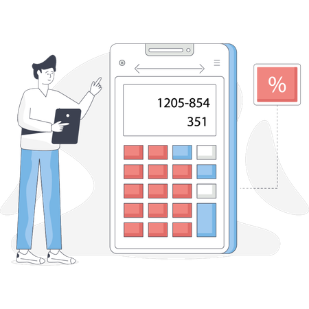 Man calculating percentages on a calculator focused on the screen and using his fingers to input numbers  Illustration