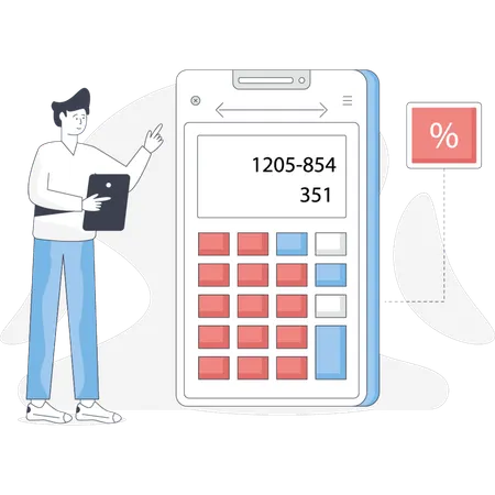 Man calculating percentages on a calculator focused on the screen and using his fingers to input numbers  Illustration