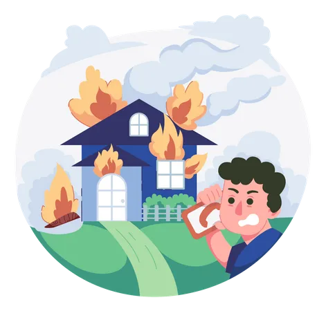 Man calling fire emergency service due to house fire Illustration