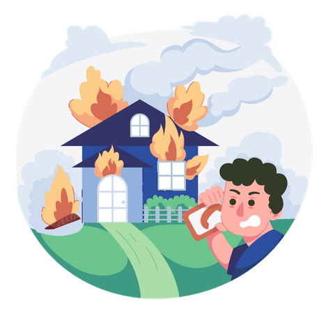 Man calling fire emergency service due to house fire  Illustration