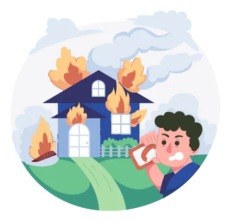 Man calling fire emergency service due to house fire  Illustration