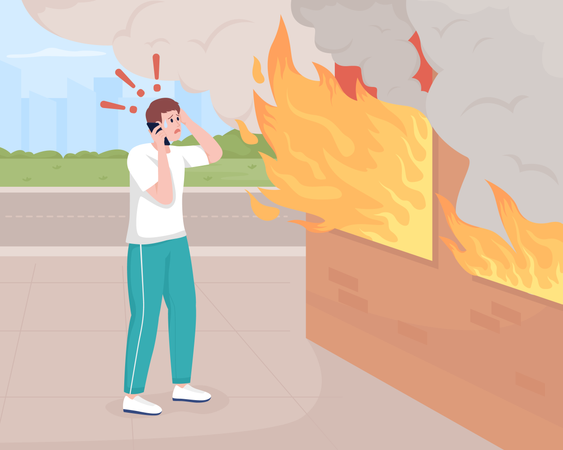 Best Premium Man calling fire service during case of fire Illustration  download in PNG & Vector format