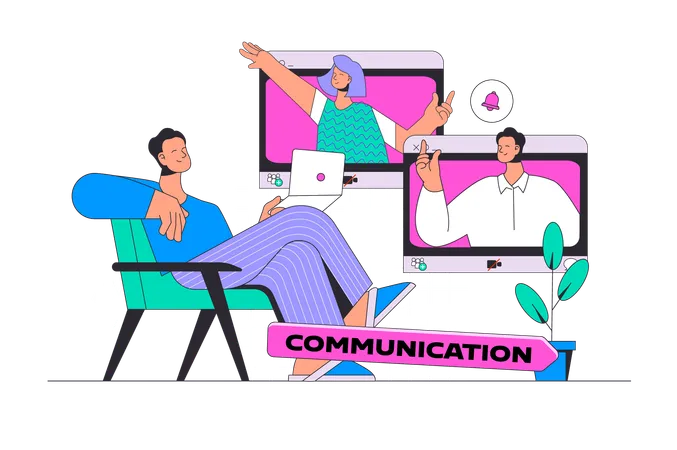 Video Communication Concept In Modern Flat Design For Web Man Calling Online To Friends Or Colleagues Talking At Group Video Chat Vector Illustration For Social Media Banner Marketing Material Illustration