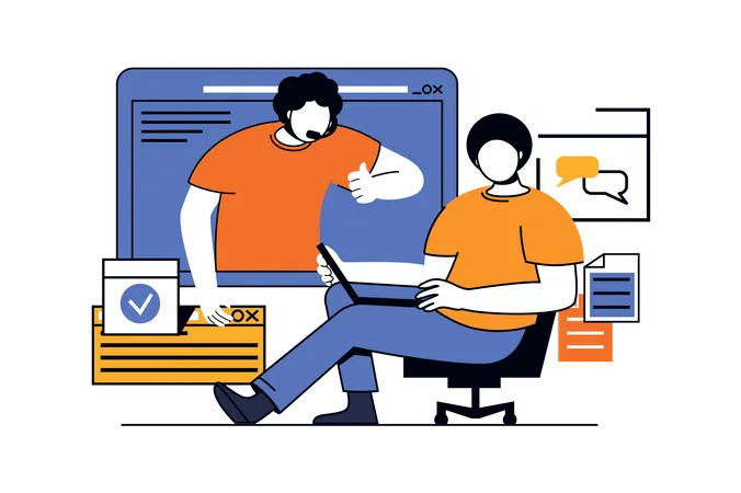 Man calling to helpdesk and getting help and solving problem  Illustration