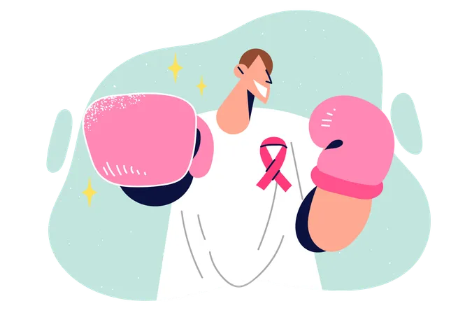 Man calls for fight against breast cancer and uses boxing gloves to demonstrate determination  Illustration