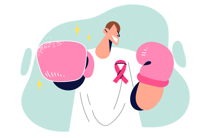 Man calls for fight against breast cancer and uses boxing gloves to demonstrate determination  Illustration