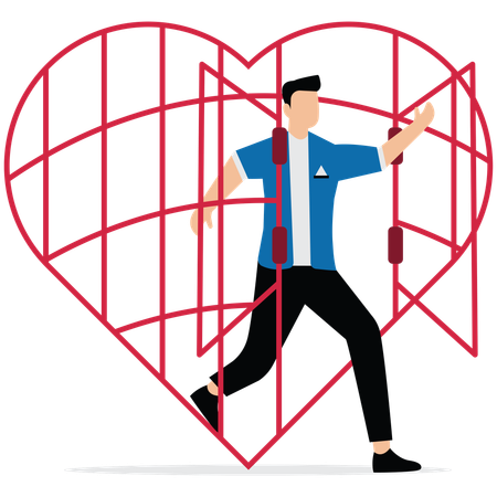 Man came out from cage big heart shape  Illustration