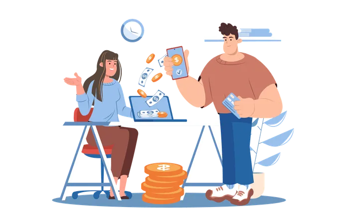 Money Transfer Blue Concept With People Scene In The Flat Cartoon Style Illustration