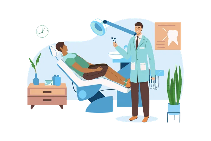 Medical Office Blue Concept With People Scene In The Flat Cartoon Design Man Came To The Dentist To Treat His Teeth Vector Illustration Illustration