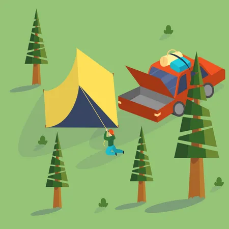 Man camper install tent in the park  Illustration