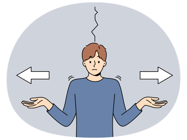 Man cannot make decision and spreads hands standing next to arrows pointing in different directions  Illustration