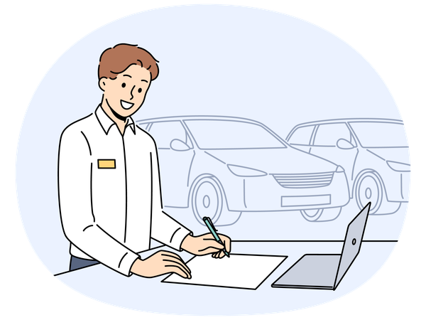 Man car salesman stands in showroom near vehicles and fills out contract for sale of sedan  Illustration