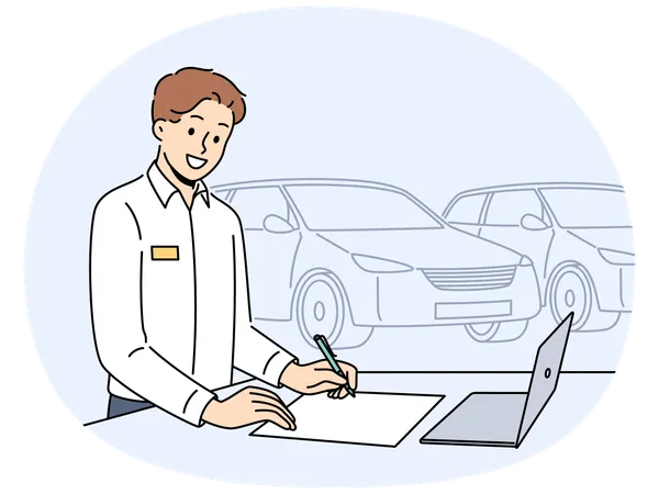 Man car salesman stands in showroom near vehicles and fills out contract for sale of sedan  Illustration