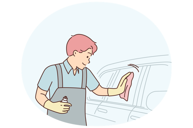Man car wash employee polishes glass of sedan using special spray to add shine and repel water  Illustration