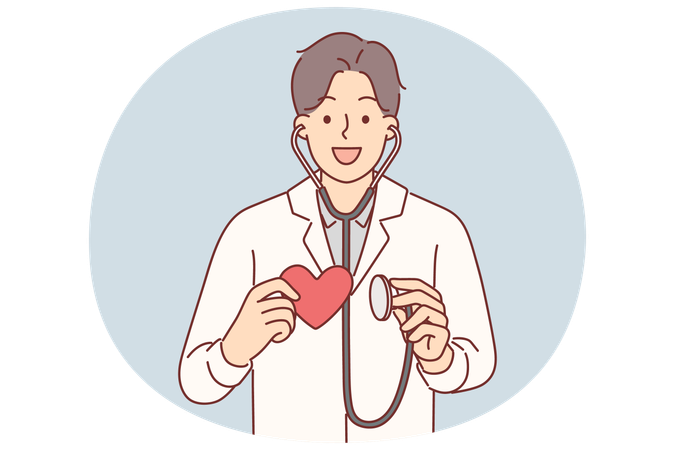 Man cardio surgeon holding stethoscope and heart offering to undergo examination  Illustration