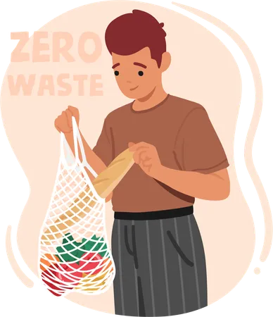 Conscious Vegan Man Carefully Places Groceries Into His Eco Friendly Reusable String Bag Male Character Embracing Sustainability And Reducing Plastic Waste Cartoon People Vector Illustration 일러스트레이션