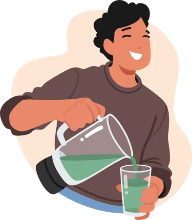 Vegan Man Carefully Pours Vibrant Plant Based Smoothie Into A Glass Creating A Green Cascade Of Nutritious Goodness A True Embodiment Of Health Conscious Living Cartoon People Vector Illustration Illustration