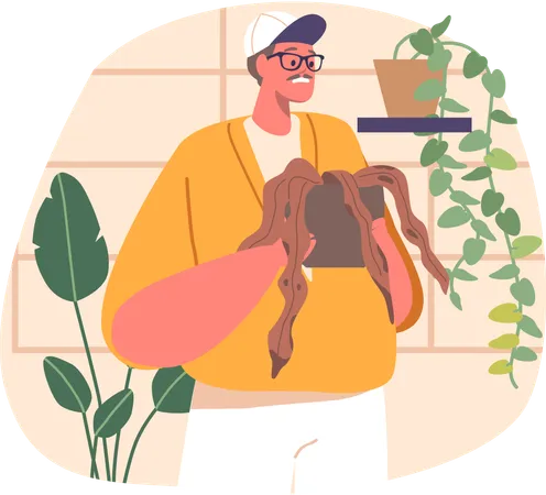 Man carefully tends to wilted plants  Illustration