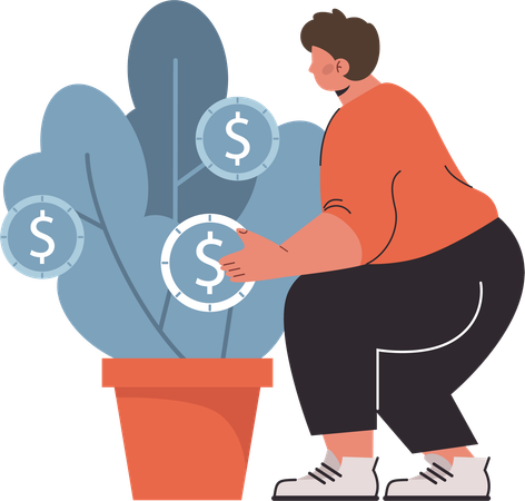 Man caring dollar plant  Illustration