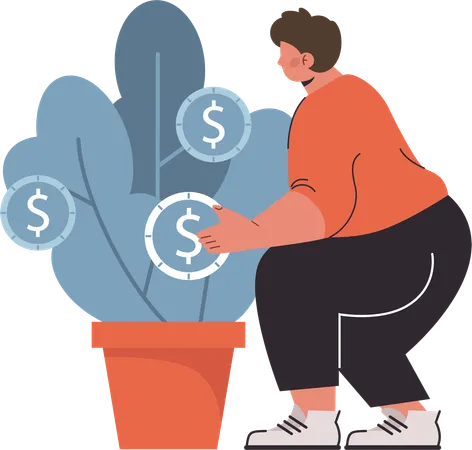 Man caring dollar plant  Illustration