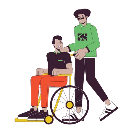 Caring Of Disabled Person Flat Line Concept Vector Spot Illustration Man Helping Taking Care 2 D Cartoon Outline Characters On White For Web UI Design Editable Isolated Color Hero Image Illustration