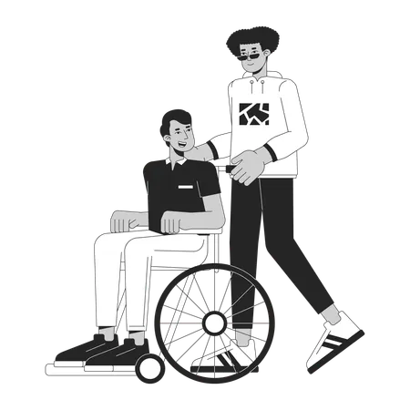 Caring Of Disabled Person Bw Concept Vector Spot Illustration Man Helping Taking Care 2 D Cartoon Flat Line Monochromatic Characters On White For Web UI Design Editable Isolated Outline Hero Image Illustration