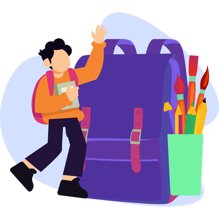 Man carries a backpack filled with school supplies walking confidently down a sunny street  Illustration