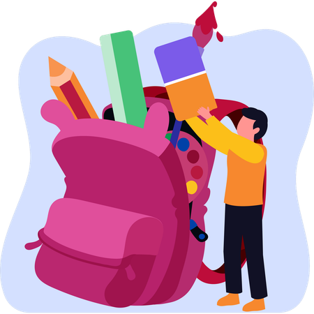 Man carries a backpack loaded with pencils crayons and other supplies prepared for a fun day of creativity  Illustration