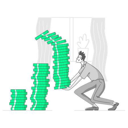 Man carries a stack of coins  Illustration